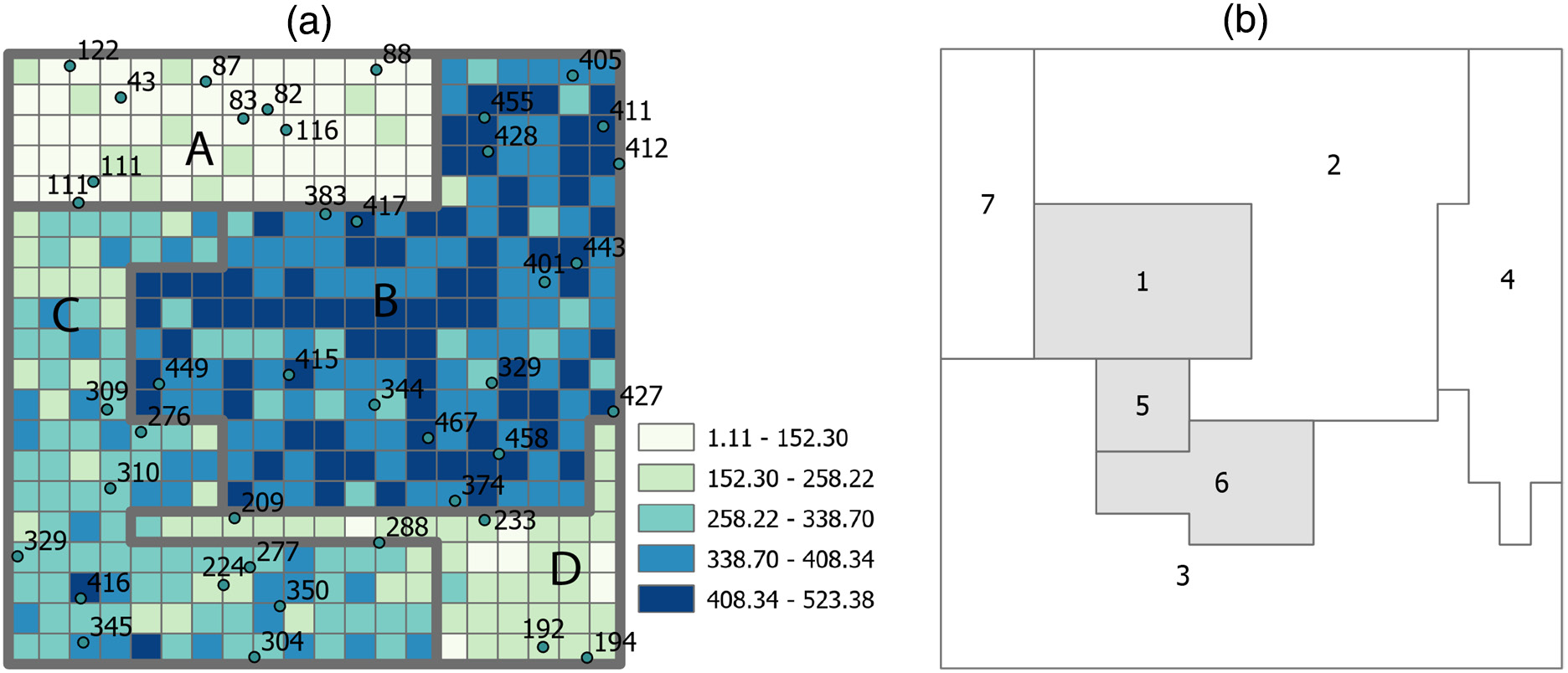 (a) A simulated data set that contains a 20 × 20 grid. The grid is divided into four strata (denoted by thick gray outlines), and a random sample of 41 units is drawn (as denoted by the dots). (b) Seven reporting units whose values are to be inferred. Gray units do not have sampling units falling in.